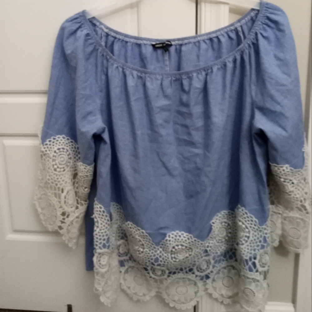 Unique spectrum denim and white lace blouse plus size 2X